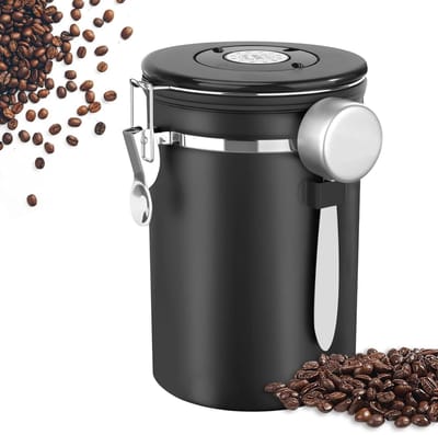 Dailygoods - Koffieblik luchtdicht van roestvrij staal, 1,8 l koffieblik luchtdicht, koffiebonenhouder, koffieblik, met maatlepel en datumweergave, voor koffiebonen, thee, noten, cacao, langer en vers, wit (zwart)