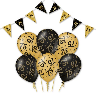 Q2P - 75 Jaar - Slingers - Ballonnen - Zwart & Goud Set - Verjaardag Versiering - Helium Ballon