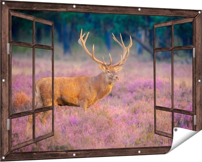 Gards Tuinposter Doorkijk Hert in de Weide tijdens Zonsondergang - 150x100 cm - Tuindoek - Tuindecoratie - Wanddecoratie buiten - Tuinschilderij