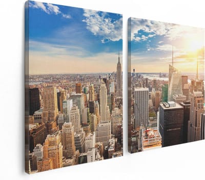 Artaza Canvas Schilderij Tweeluik New York Manhattan Tijdens Zonsondergang - 120x80 - Foto Op Canvas - Canvas Print