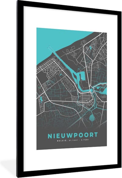 Fotolijst incl. Poster - België – Nieuwpoort – Stadskaart – Kaart – Blauw – Plattegrond - 80x120 cm - Posterlijst