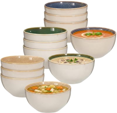 Soepkom Kenji - set van 12x- blauw /groen / beige - 14 x 7 cm - keramiek - kommetjes - 580 ml
