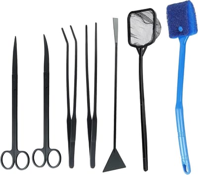 Complete Aquascaping Set - 7 in 1 Gereedschap voor Aquaria, RVS Scharen, Tweezers en Spatel voor Plantenonderhoud en Schoonmaak van Aquariumdecoraties