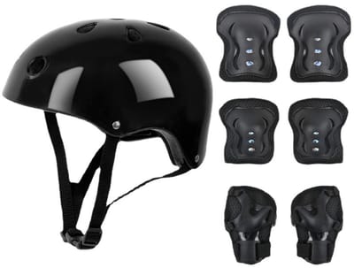 Zevendelige set met helm en beschermende uitrusting - kinderloopfiets, skateboard, skaten, verstelbare helm, skateboard, kniebeschermers, polsbeschermers, elleboogbeschermers - geschikt voor jongens en meisjes van 3 tot 8 jaar - zwart