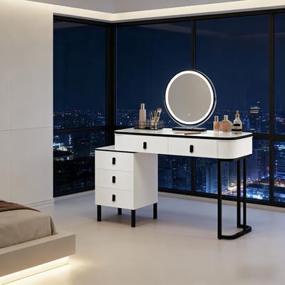 HAUSS SPOLE Kaptafel - Met Dimbare Led Spiegel En 5 Lades - Verstelbare Zijkast Voor Slaapkamer - Hout En Metaal - 100x40x125 Cm
