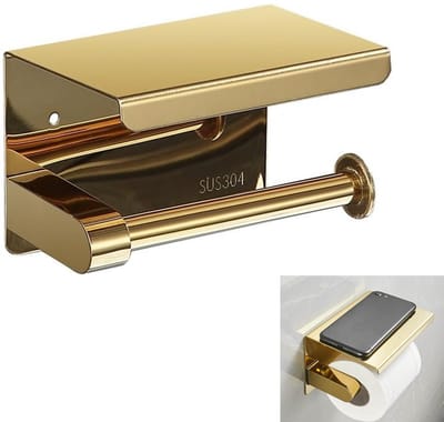 Toiletrolhouder met Plankje - 1 Stuks - Toiletrolhouder - WC Rolhouder - Planchet Badkamer - Zelfklevend - Zonder Boren - Voor badkamer, kast, toilet - RVS - Badkamer accessoires - Goud - 13,8 x 9,5 x 9,5 cm