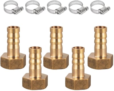 Dailygoods - 5 stuks IG 3/8 inch messing slangaansluiting, 10 mm weerhaak x G 3/8 inch binnendraad buisadapter, met 5 stuks slangklem voor luchtslang, gasslang, waterslang, brandstofleiding