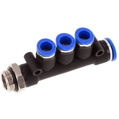 8mm x 10mm x G3/8'' 3-way Manifold Messing/PA 66 Insteekfitting Buitendraad Draaibaar NBR
