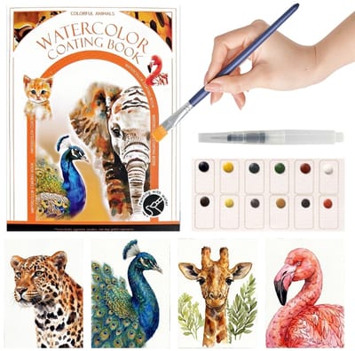 Ainy Aquarel verf set nummer 5 Kleurrijke Dieren voor kinderen en volwassenen | Waterverf Pakket met Aquarelpapier & penseel | Knutselen voor meisjes & jongens | Schilderen op kleurboek | Creatief hobby cadeau | Tekenen werkboek | Schilderset verf