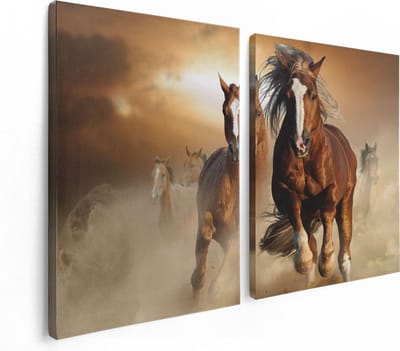 Artaza Canvas Schilderij Tweeluik Wilde Paarden In Het Zand - 120x80 - Foto Op Canvas - Canvas Print