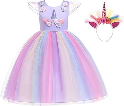 Het Betere Merk Unicorn jurk - Prinsessenjurk meisje - verkleedkleren meisje - maat 146/152 - Eenhoorn - haarband - paars