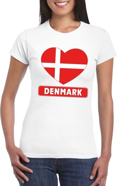 Denemarken t-shirt - met hartjes vlag print - wit - voor dames - korte mouwen - landen supporters S