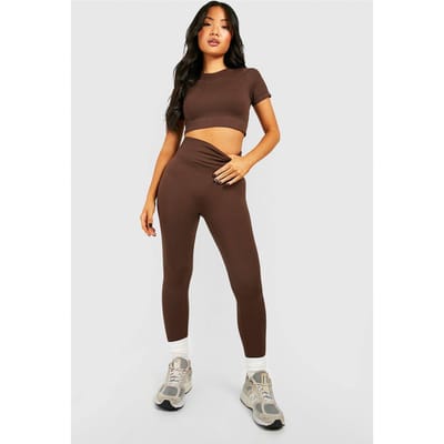 boohoo Dames Petite naadloze rib leggings | Chocoladebruin | Maat: Large