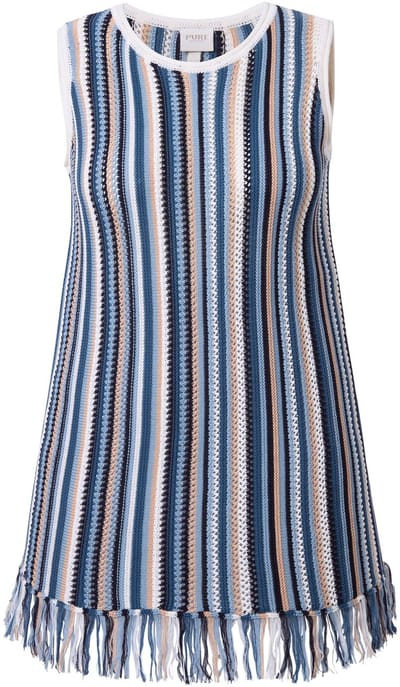 Ulla Popken - Dames - Gebreide top ajourstrepen franjes ronde hals mouwloos - Denim blauw - Maat 42+