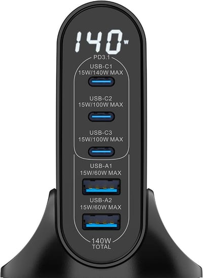 Rixus RX140 GaN Power Adapter With Digital Display 140W Black