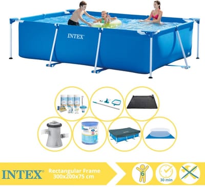 Intex Rechthoekig Frame Zwembad - 300 x 200 x 75 cm - Blauw - Inclusief Afdekzeil - Onderhoudspakket - Zwembadfilterpomp - Filter - Grondzeil - Schoonmaakset - Solar Mat - 8-delig