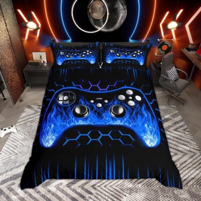 Homewish Jongens Gamer Gaming Dekbedovertrek Set Neon Lichten Honingraat Beddengoed Zwart Omkeerbare Dekbedovertrek Set AU Single(140*210cm)3pcs