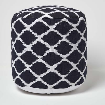Homescapes Ronde poef met Ikat-patroon - blauw en wit, 40x45 cm