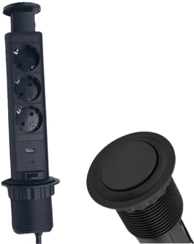 Design Light Liftbox - Stekkerdoos - Verdeelstekker met 3 Stopcontacten - Verdeeldoos met USB A & C - Inbouw Stekkerblok met 1.8 meter kabel - Zwart