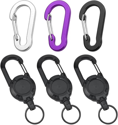 Dailygoods - 3 intrekbare sleutelhangers en 3 karabijnhaken, uittrekbare sleutelhanger met 60 cm stalen kabel, uittrekbare kaarthouder, voor sleutels, toegangskaarten