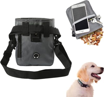 Snoeptas voor honden met draagmogelijkheden - Voederzak voor hondentraining - Handige hondenvoedseltas in grijs - Geschikt voor traktaties - Ruimte voor hondenvoer.