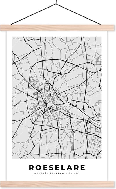 Posterhanger incl. Poster 40x60 cm - Schoolplaat - Stadskaart – Plattegrond – België – Zwart Wit – Roeselare – Kaart - Textielposter - Blanke latten - Stadskaart