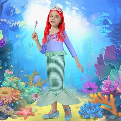 Mermaid Prinses Kostuum voor Meisjes met Accessoires en Pruik, Feestoutfit voor Halloween en Verkleedpartijen, Sequin Kostuum voor Kinderen