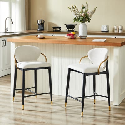 MODENUIT Barkruk – Set Van 2 – Rugleuning, Voetsteun En Verstelbare Poten – Voor Keukeneiland – Chenille Beige