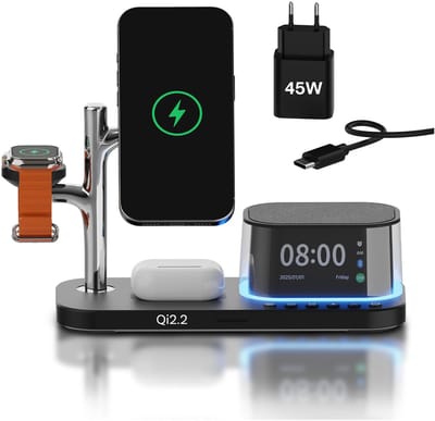 Draadloze Oplader 5-in-1 met Wekker, Bluetooth Speaker & LED Nachtlamp Geschikt voor MagSafe van MMOBIEL – 25W Qi2.2 Magnetische Draadloos Oplaadstation Geschikt voor Smartphone, Smart Watch en Oordopjes – Zwart