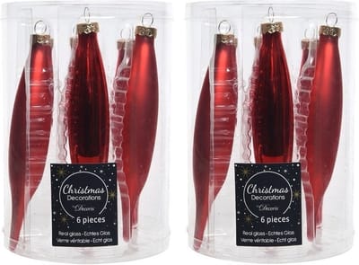 Decoris kerstbal pegels - 12x - rood - D15 cm - glas - kersthangers - ijspegels - kerstversiering