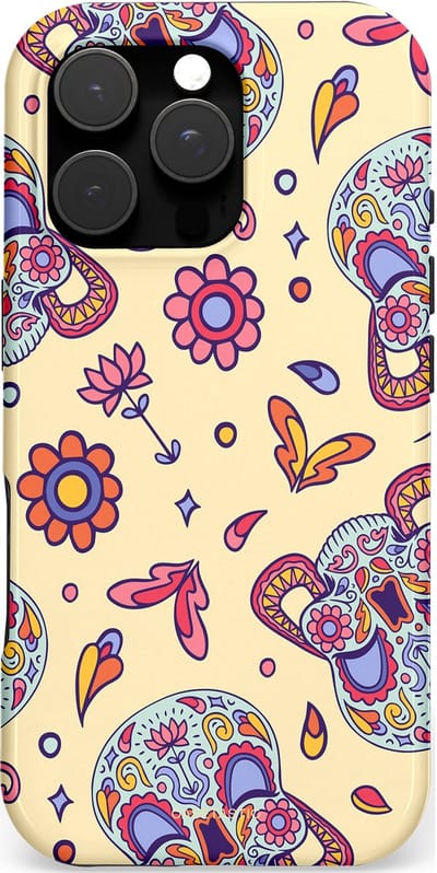 Casetastic hoesje geschikt voor Apple iPhone 16 Pro - MagSafe - Dubbellaagse bescherming - Dia de los Muertos Doodshoofd Bloemen - Fashion Case - Crème Lila Zilver