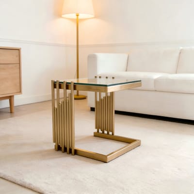Bijzettafel - 41 cm - Vierkante Glastafel - Spiegelafwerking - Gehard Glas & Rvs - Goud
