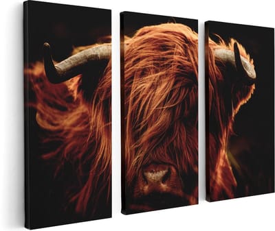 Artaza Canvas Schilderij Drieluik Schotse Hooglander Koeienkop - Kleur - 120x80 cm - Wanddecoratie Woonkamer - Schilderijen - Muurdecoratie