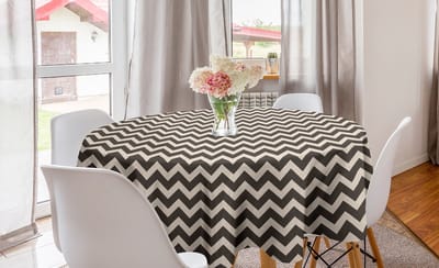 ABAKUHAUS hoekige ronde tafelkleed, aarde-ton abstracte zigzag, cirkelvormige tafelkleed voor eetkamerkeukendecoratie, 150 cm, donkere taupe champagne