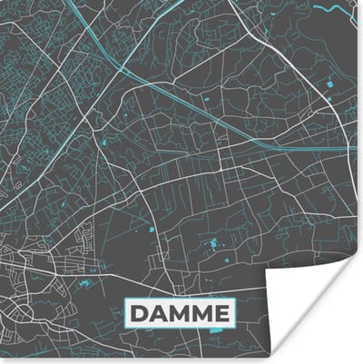 Poster België – Damme – Stadskaart – Kaart – Blauw – Plattegrond - 100x100 cm XXL