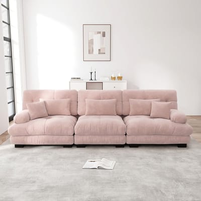 Pugsdrly Modulaire hoekbank met 3 zitplaatsen en diepe zitting, comfortabel gestoffeerde slaapbank in chenille voor woonkamer, appartement, studio, kantoor, roze chenille