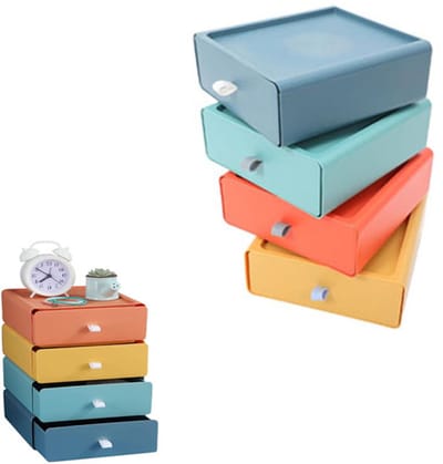 KZQ Bureaulade-organizer - Stapelbare opbergdozen met 4 lagen en etiketten - Geschikt voor kantoren, scholen, cosmeticawinkels en thuisgebruik - Set van 4, 4 kleuren