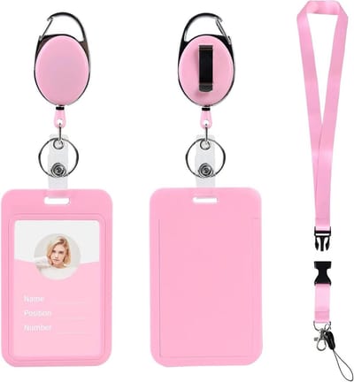 2x Roze Kaarthouder met Uittrekbare Rolclip en Lanyard voor ID Kaarten en Schoolpassen