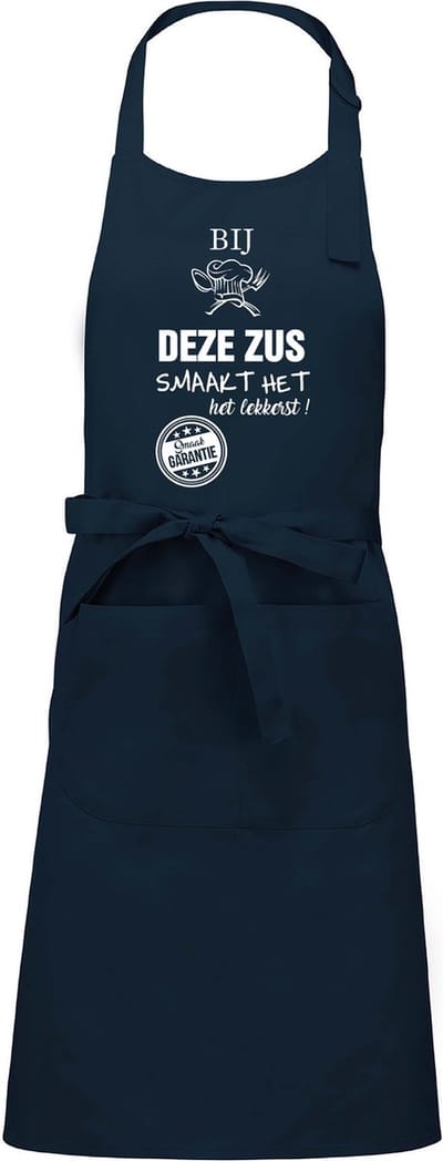 Cadeauschort - tekstschort - Keukenschort - BBQ schort - verjaardag - moederdag - het smaakt het lekkerst bij deze Zus - navy blauw