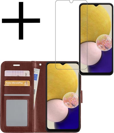 Hoesje - Met Screenprotector - Geschikt voor Samsung Galaxy A13 5G - Luxe Pasjeshouder - Bookcase Portemonee - Flip Case - Kunstleer Book Case - Flipcase - Book Cover - Walletcase - Portemonneehoes - Bruin