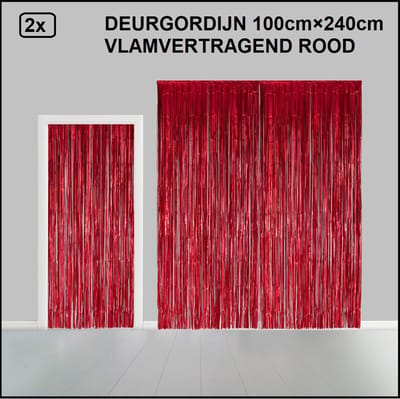 2x Folie gordijn metallic 2,4m x 1m rood - vlamvertragend - Decoratie festival themafeest carnaval gala disco glitter and glamour wanddeco