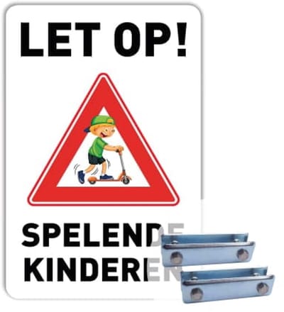 Bord Let op spelende kinderen - Weerbestendig Aluminium - 40x60 cm - Bevestiging: Met hekbeugels (voor spijlen- of gaashek)