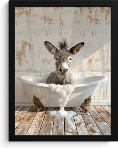 Poster in lijst - Fotolijst 30x40 cm - Posters - Ezel - Dieren - Badkuip - Schuim - Posterlijst zwart - Wanddecoratie badkamer - Muurdecoratie WC - Decoratieve accessoires - Toilet muur decoratie