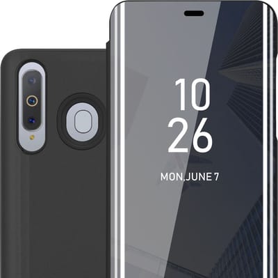 Cadorabo Hoesje geschikt voor Samsung Galaxy A8s in TOERMALIJN ZWART - Clear View Spiegel Beschermende Case met Tribunefunctie 360 Graden Bescherming Book Case Cover Etui