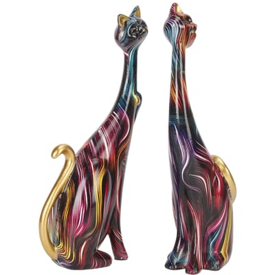 2 Stuks Olieverf Kat Beelden Abstract Paar Hars Kat Beeldjes Kat Sculptuur voor Slaapkamer Kantoor black