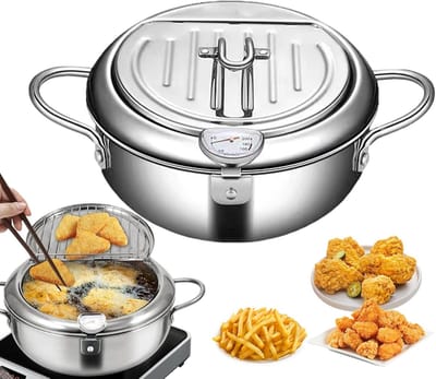 Frituurpan - Oliepot - Knapperige Frietjes - Met Thermometer - 28CM - Roestvrij Staal