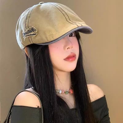Chapeau Avant en Denim Lavé Rétro Japonais Fille Montrant le Visage avec un Petit Béret Polyvalent Grosse Tête Circonférence Chapeau de Peintre Tendance beige