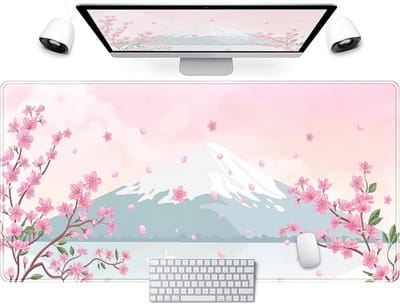 bureaumat, pastelroze kersenbloesem-muismat Mt Fuji Japan grote gaming anime muismat XXL 80 x 40 cm, Kawaii esthetische bloem schattige vrouwen kantoordecoratie computer laptop toetsenbordmat