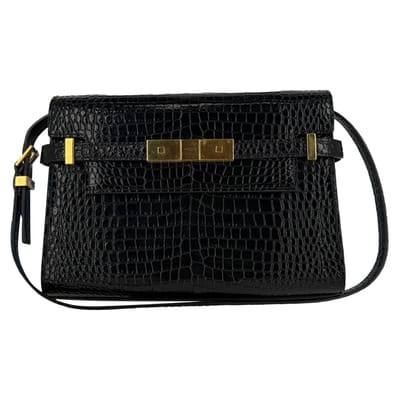 Saint Laurent Croco Gegraveerde Manhattan Schoudertas in Zwart Leer