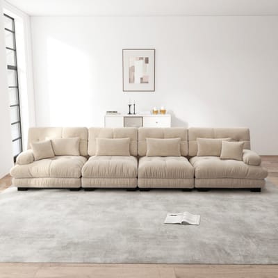 Intebiki Hoekbank - 4 zits - Modulaire hoekbank - Ultrazachte, wolkachtige bank met hoogwaardige schuimvulling - Moderne woonkamerbank - Luxe chenille stof - Drukbestendig en duurzaam - 406x77x81 cm – lichtbruin velours